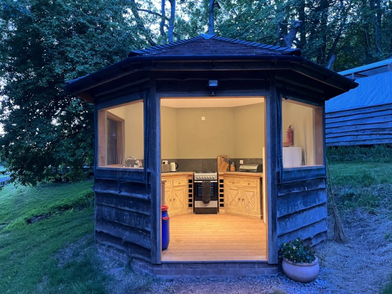 Yurt 1 kitchen at night