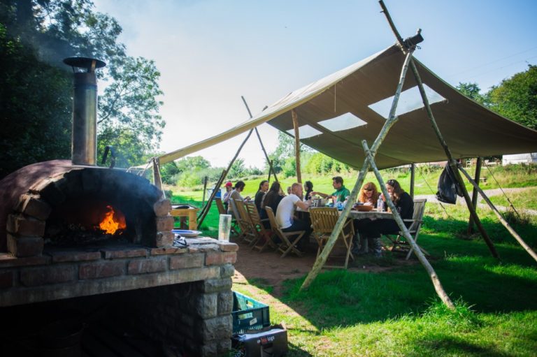 eating by pizza oven